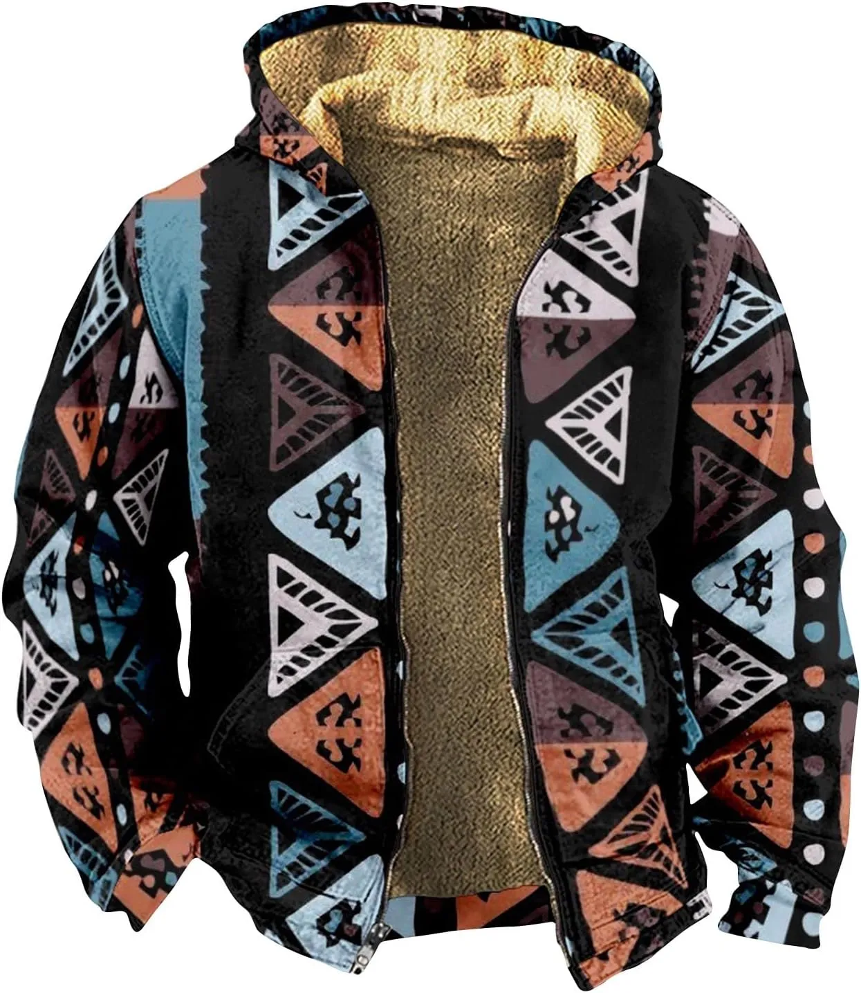 Men's Western Vintage Print Sherpa Fleece Lined Jackets Parka Warm Puffer Jacket Quilted Down Casual Hoodies Hooded