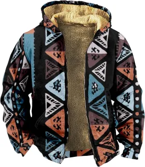 Men's Western Vintage Print Sherpa Fleece Lined Jackets Parka Warm Puffer Jacket Quilted Down Casual Hoodies Hooded