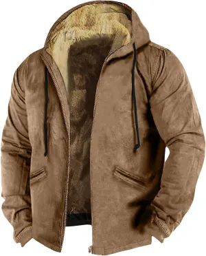 Men's Western Vintage Print Sherpa Fleece Lined Jackets Winter Warm Cozy Outerwear Quilted Down Varsity Coat Hooded