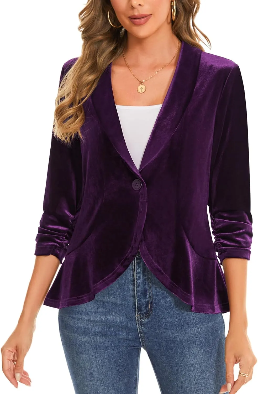 MINTLIMIT Women's Velvet Blazer Ruched 3/4 Sleeve Shawl Lapel Button Front Ruffle Tailored Cardigan Suit Jacket Blazer