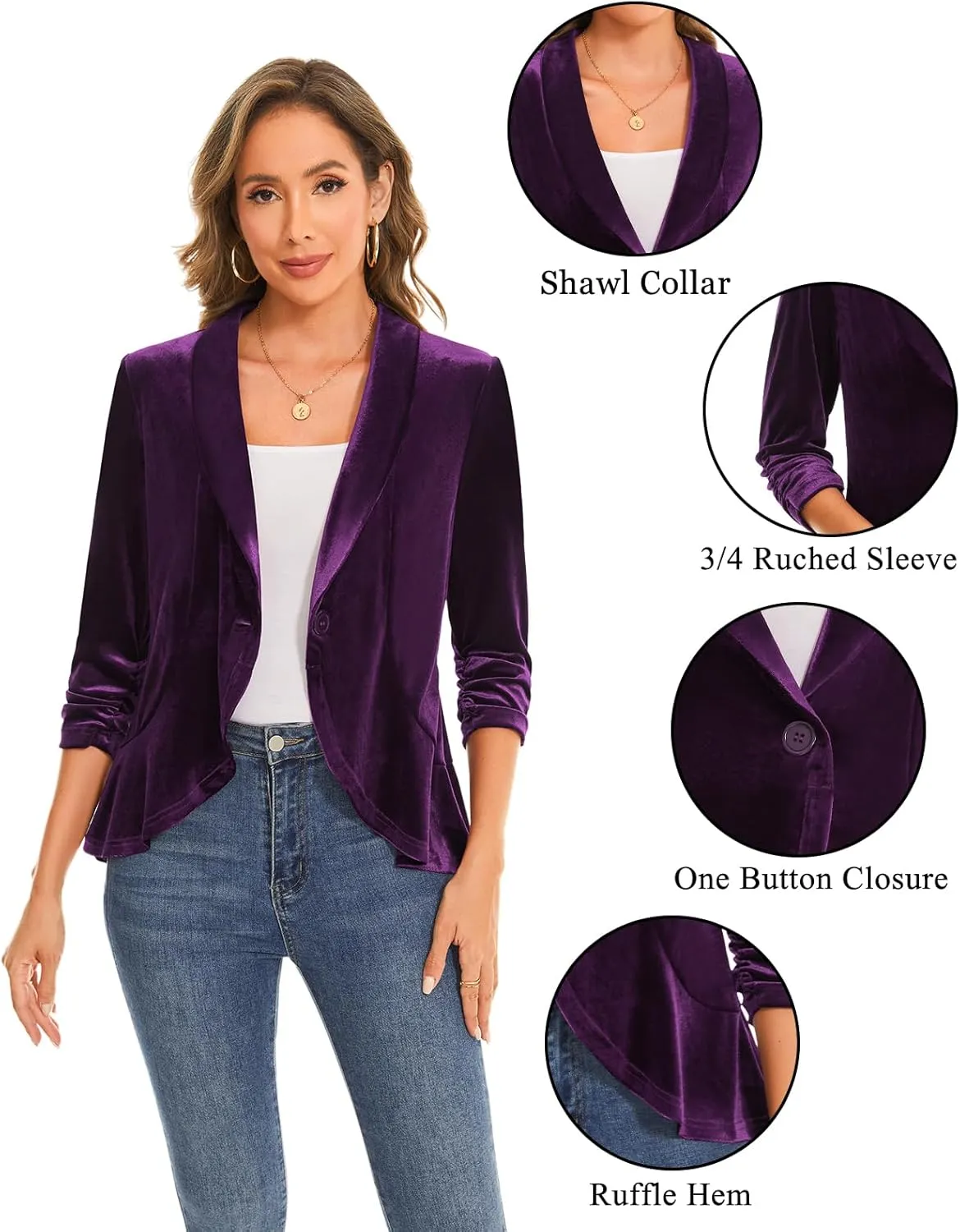MINTLIMIT Women's Velvet Blazer Ruched 3/4 Sleeve Shawl Lapel Button Front Ruffle Tailored Cardigan Suit Jacket Blazer