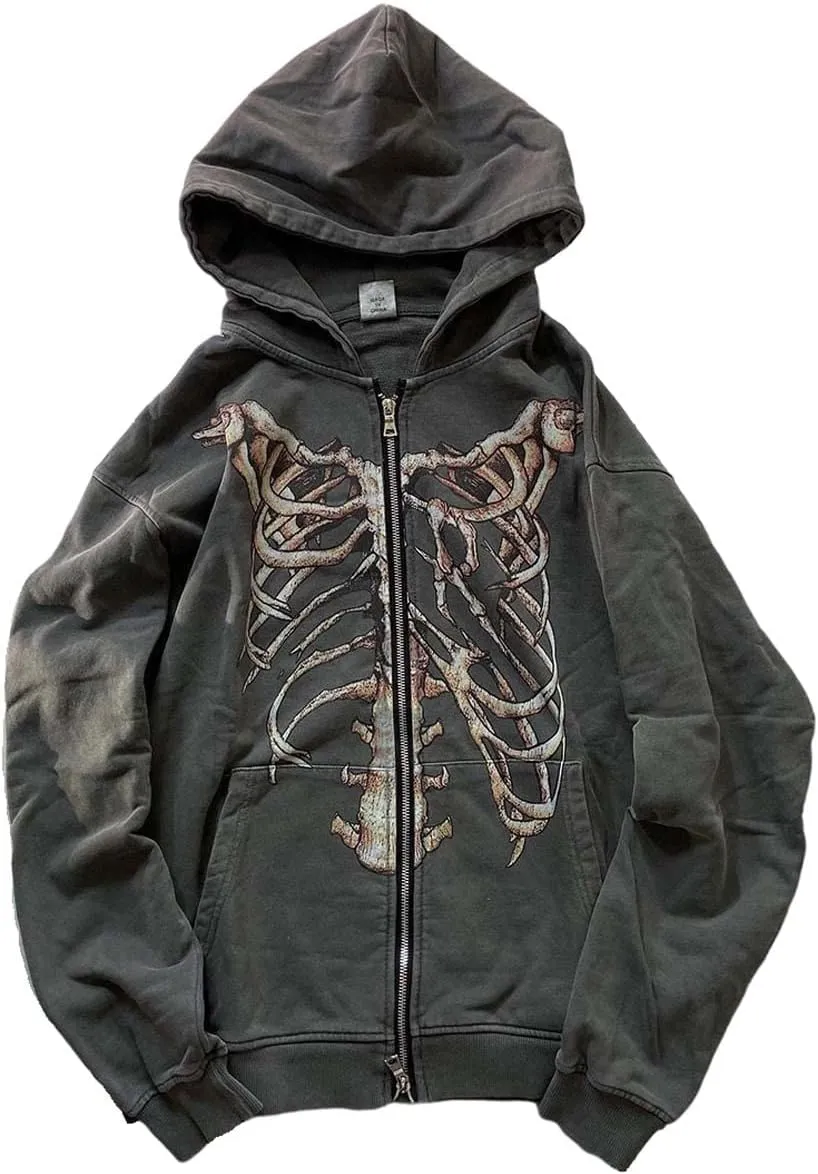 MLAFE Gothic Bone Print Hooded Sweater - Retro Y2K Grunge Harajuku Style