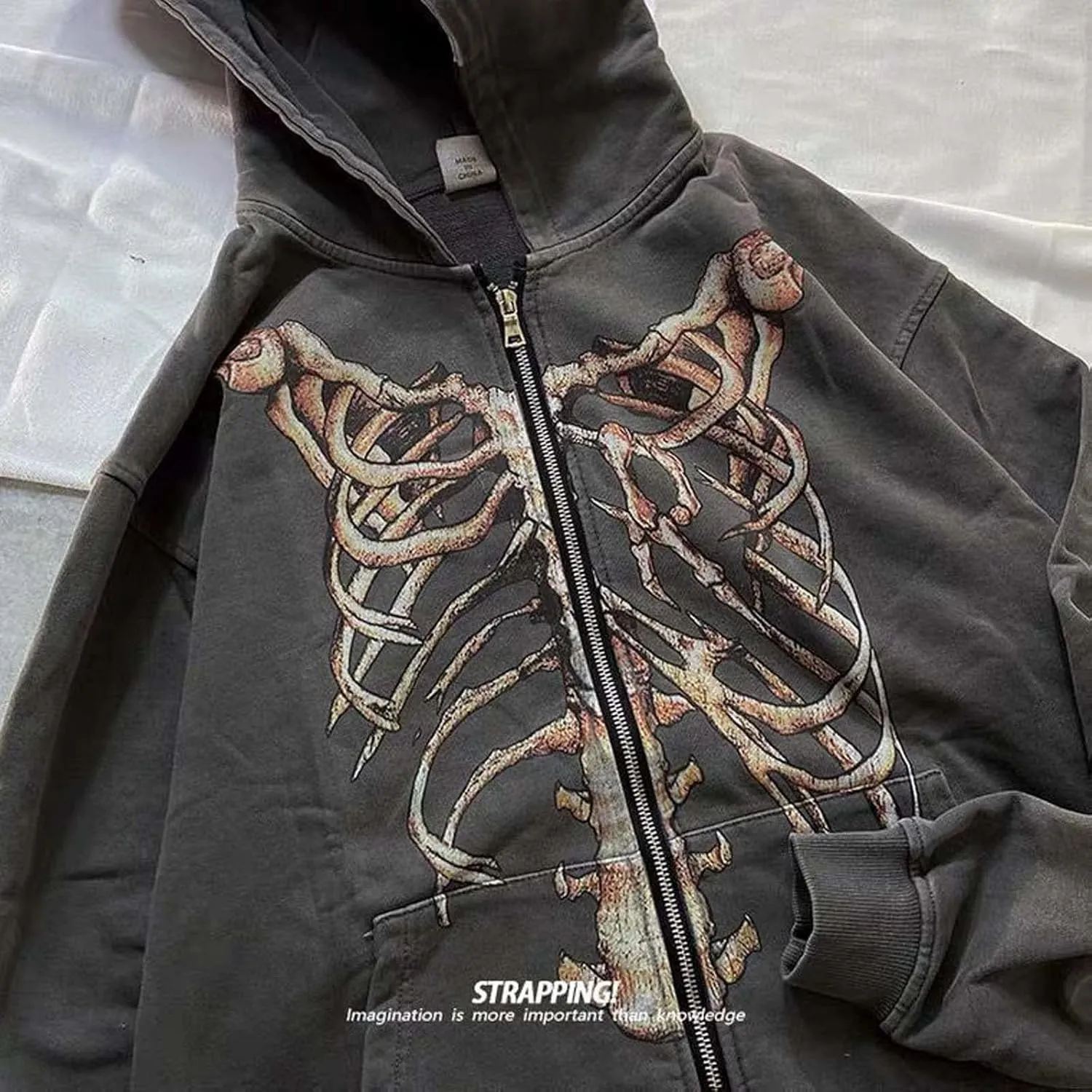 MLAFE Gothic Bone Print Hooded Sweater - Retro Y2K Grunge Harajuku Style