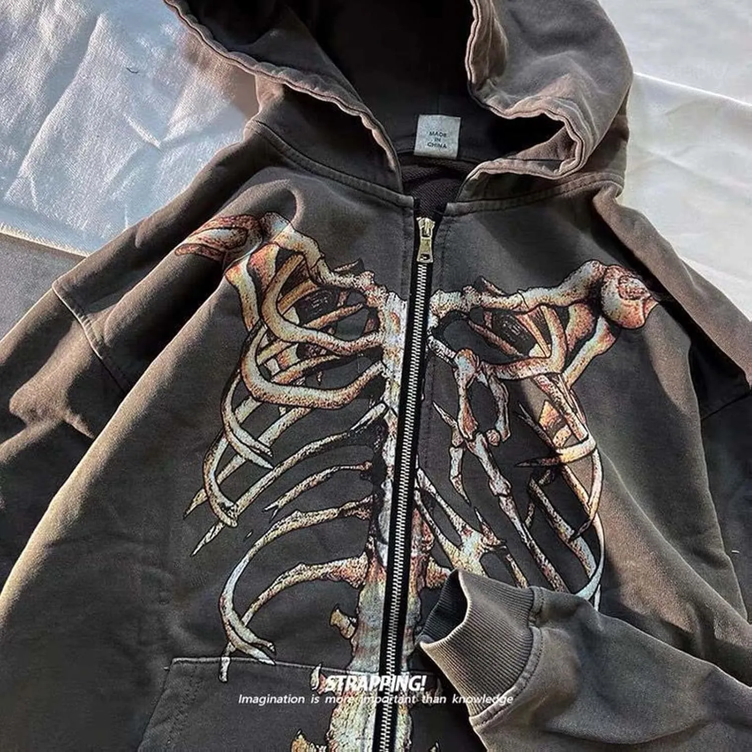 MLAFE Gothic Bone Print Hooded Sweater - Retro Y2K Grunge Harajuku Style