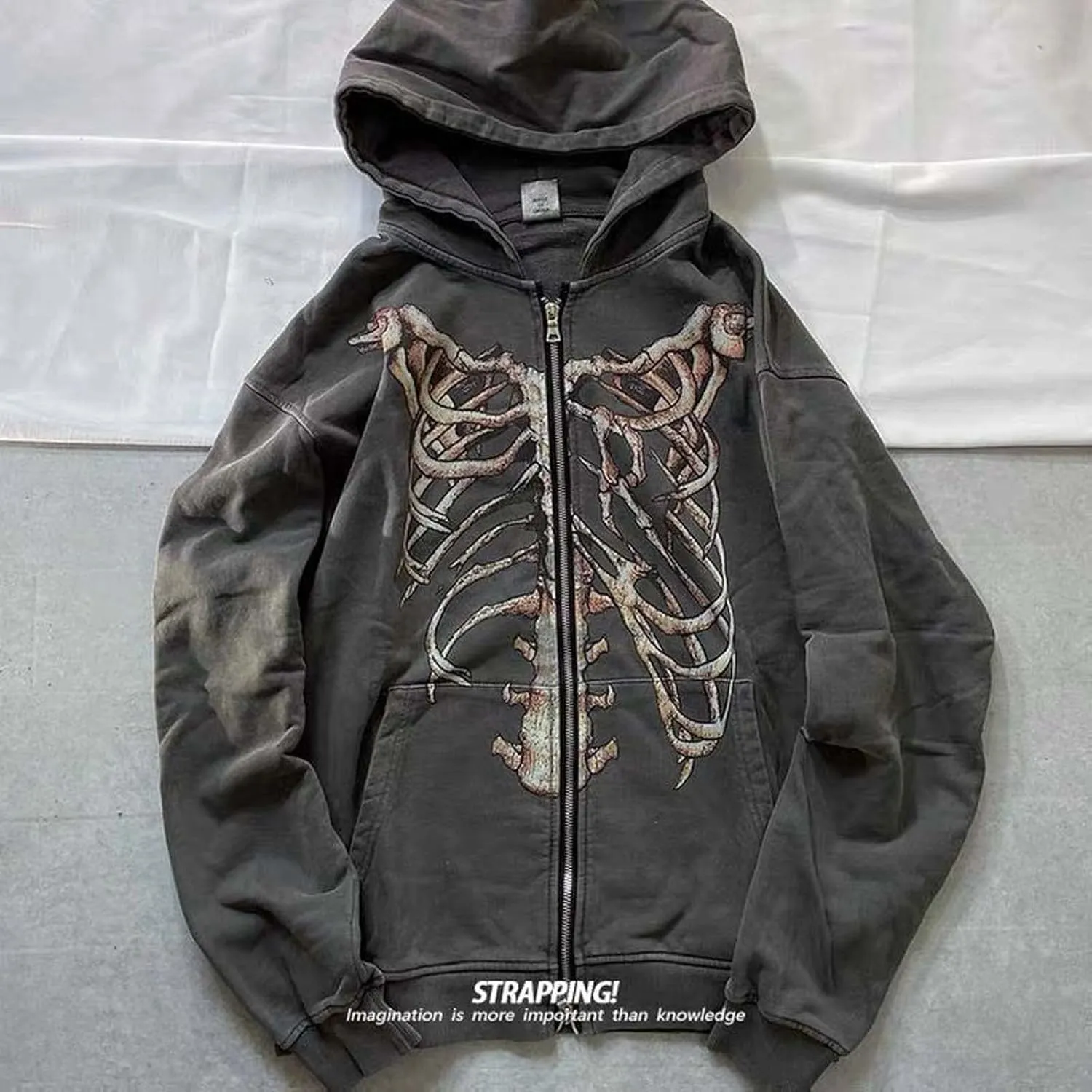 MLAFE Gothic Bone Print Hooded Sweater - Retro Y2K Grunge Harajuku Style