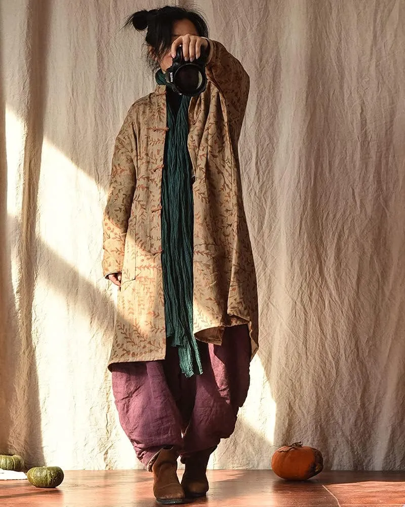 NFYM Women Cotton Linen Loose Windbreaker Button Down Vintage Print Retro Long Coat with Pockets