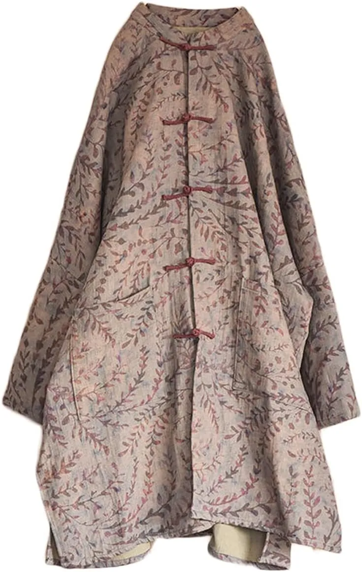 NFYM Women Cotton Linen Loose Windbreaker Button Down Vintage Print Retro Long Coat with Pockets