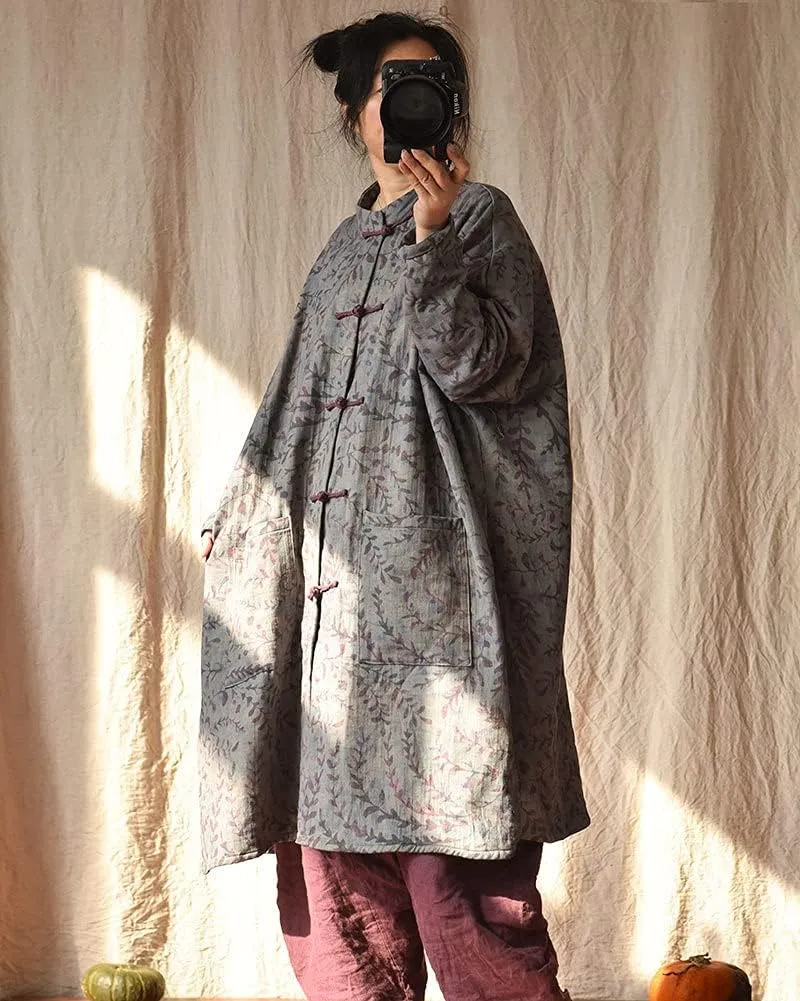 NFYM Women Cotton Linen Loose Windbreaker Button Down Vintage Print Retro Long Coat with Pockets
