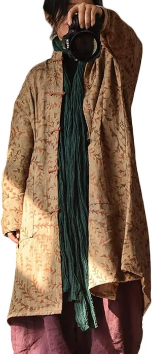 NFYM Women Cotton Linen Loose Windbreaker Button Down Vintage Print Retro Long Coat with Pockets