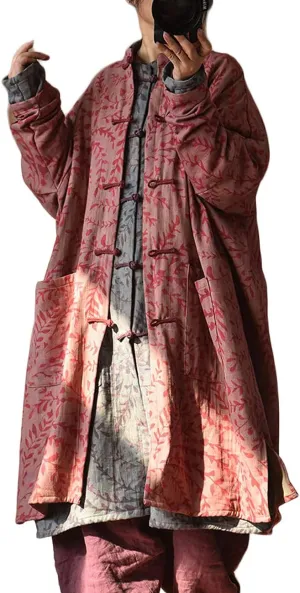 NFYM Women Cotton Linen Loose Windbreaker Button Down Vintage Print Retro Long Coat with Pockets
