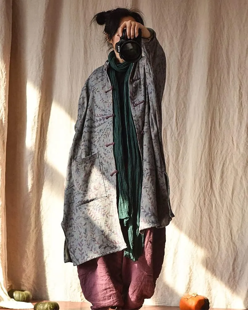 NFYM Women Cotton Linen Loose Windbreaker Button Down Vintage Print Retro Long Coat with Pockets