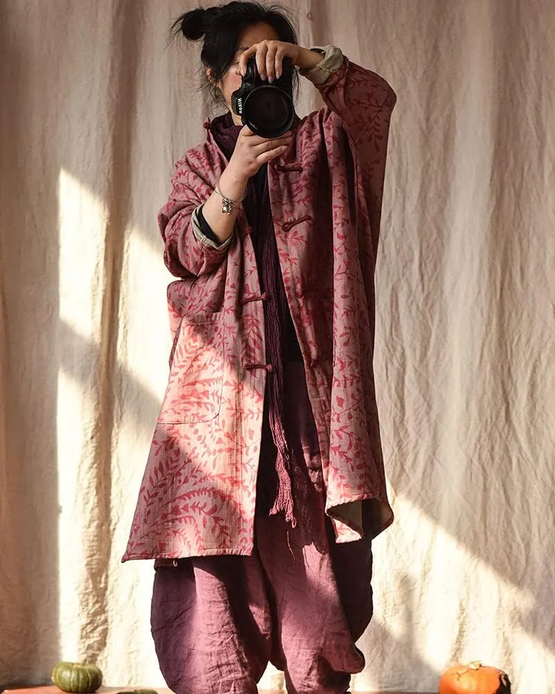 NFYM Women Cotton Linen Loose Windbreaker Button Down Vintage Print Retro Long Coat with Pockets