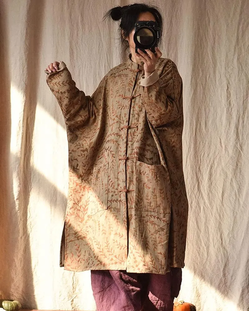 NFYM Women Cotton Linen Loose Windbreaker Button Down Vintage Print Retro Long Coat with Pockets