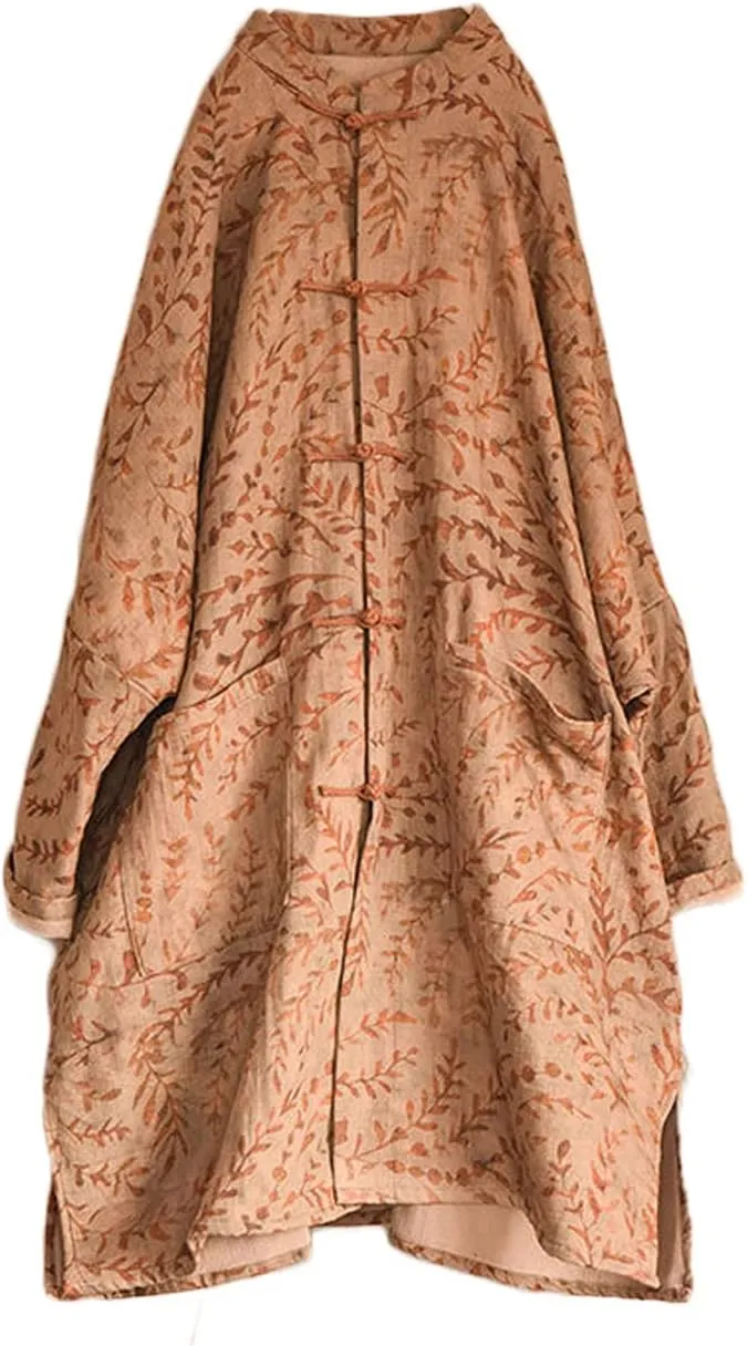 NFYM Women Cotton Linen Loose Windbreaker Button Down Vintage Print Retro Long Coat with Pockets