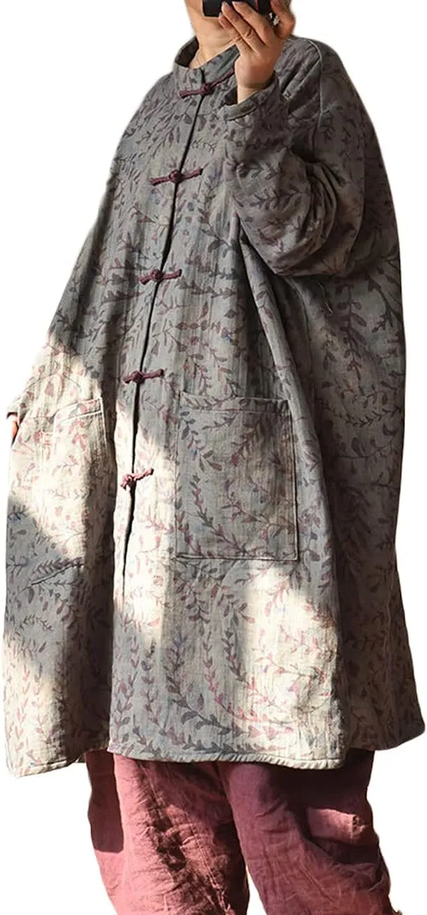 NFYM Women Cotton Linen Loose Windbreaker Button Down Vintage Print Retro Long Coat with Pockets
