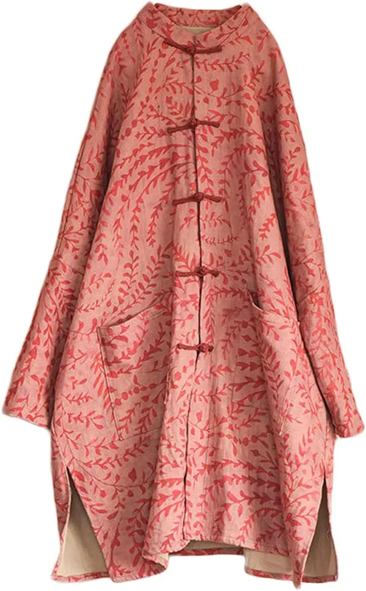 NFYM Women Cotton Linen Loose Windbreaker Button Down Vintage Print Retro Long Coat with Pockets