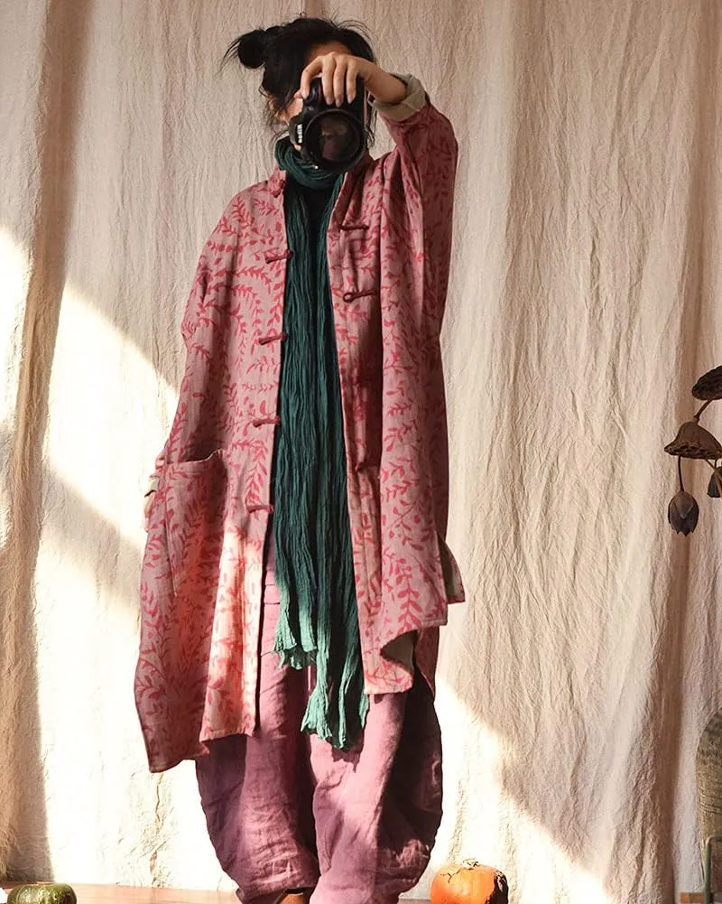 NFYM Women Cotton Linen Loose Windbreaker Button Down Vintage Print Retro Long Coat with Pockets