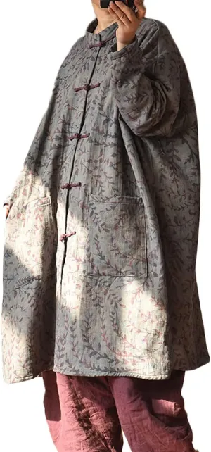 NFYM Women Cotton Linen Loose Windbreaker Button Down Vintage Print Retro Long Coat with Pockets