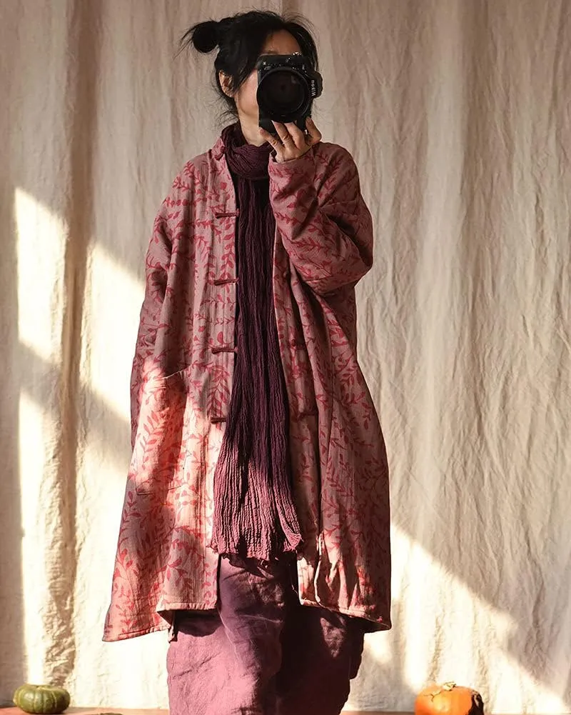 NFYM Women Cotton Linen Loose Windbreaker Button Down Vintage Print Retro Long Coat with Pockets