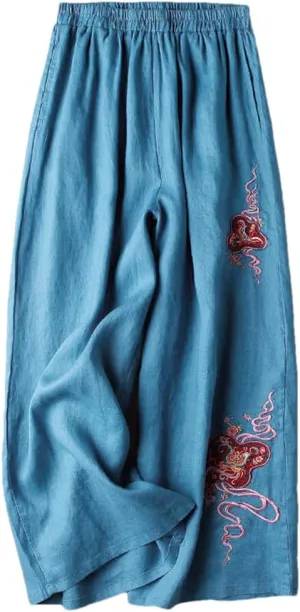 Niiyyjj Embroidered Wide-Leg Pants Women's Cotton Linen High-Waisted Loose Straight Casual Trousers