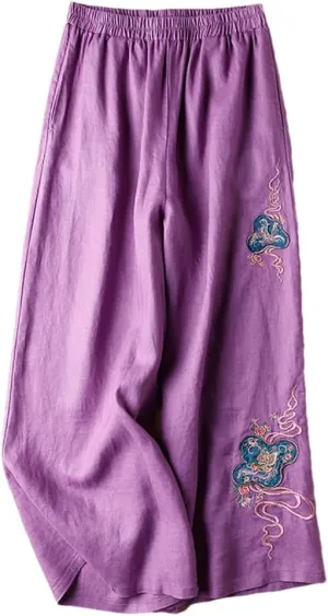 Niiyyjj Embroidered Wide-Leg Pants Women's Cotton Linen High-Waisted Loose Straight Casual Trousers