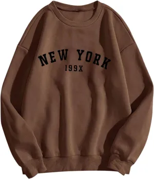 Oversized Sweatshirt for Women New York Letter Print Casual Pullover Long Sleeve Crewneck Slouchy Loose Athletic Tee