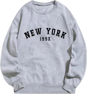 Oversized Sweatshirt for Women New York Letter Print Casual Pullover Long Sleeve Crewneck Slouchy Loose Athletic Tee