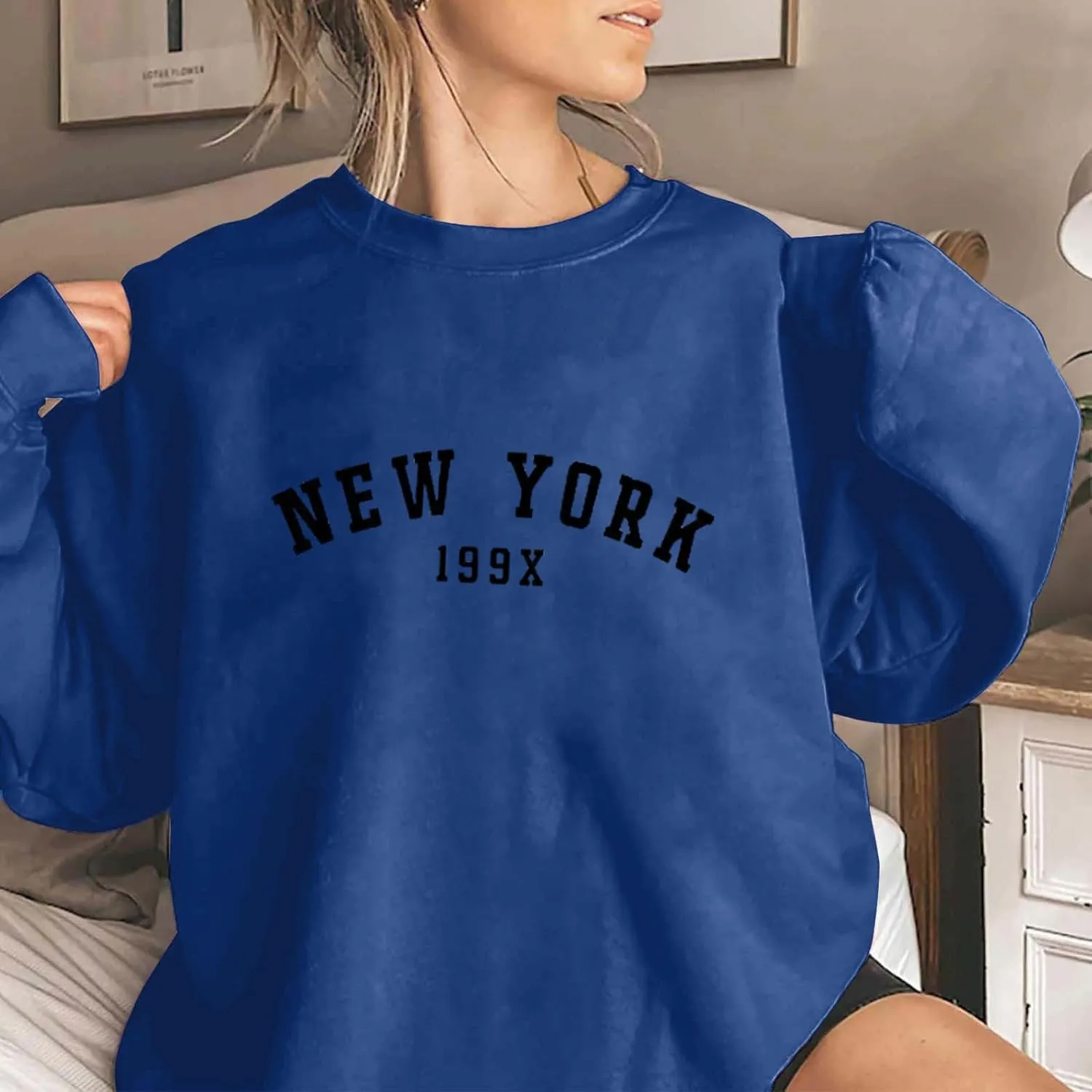 Oversized Sweatshirt for Women New York Letter Print Casual Pullover Long Sleeve Crewneck Slouchy Loose Athletic Tee
