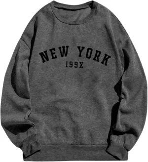 Oversized Sweatshirt for Women New York Letter Print Casual Pullover Long Sleeve Crewneck Slouchy Loose Athletic Tee