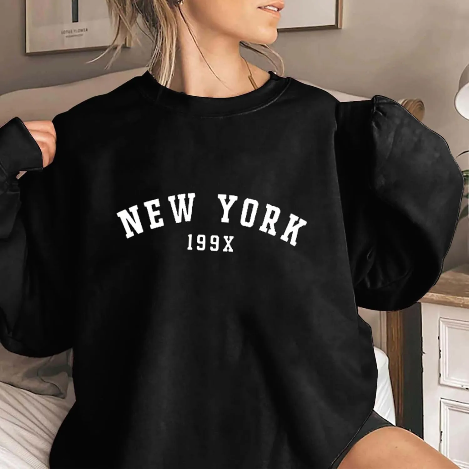 Oversized Sweatshirt for Women New York Letter Print Casual Pullover Long Sleeve Crewneck Slouchy Loose Athletic Tee