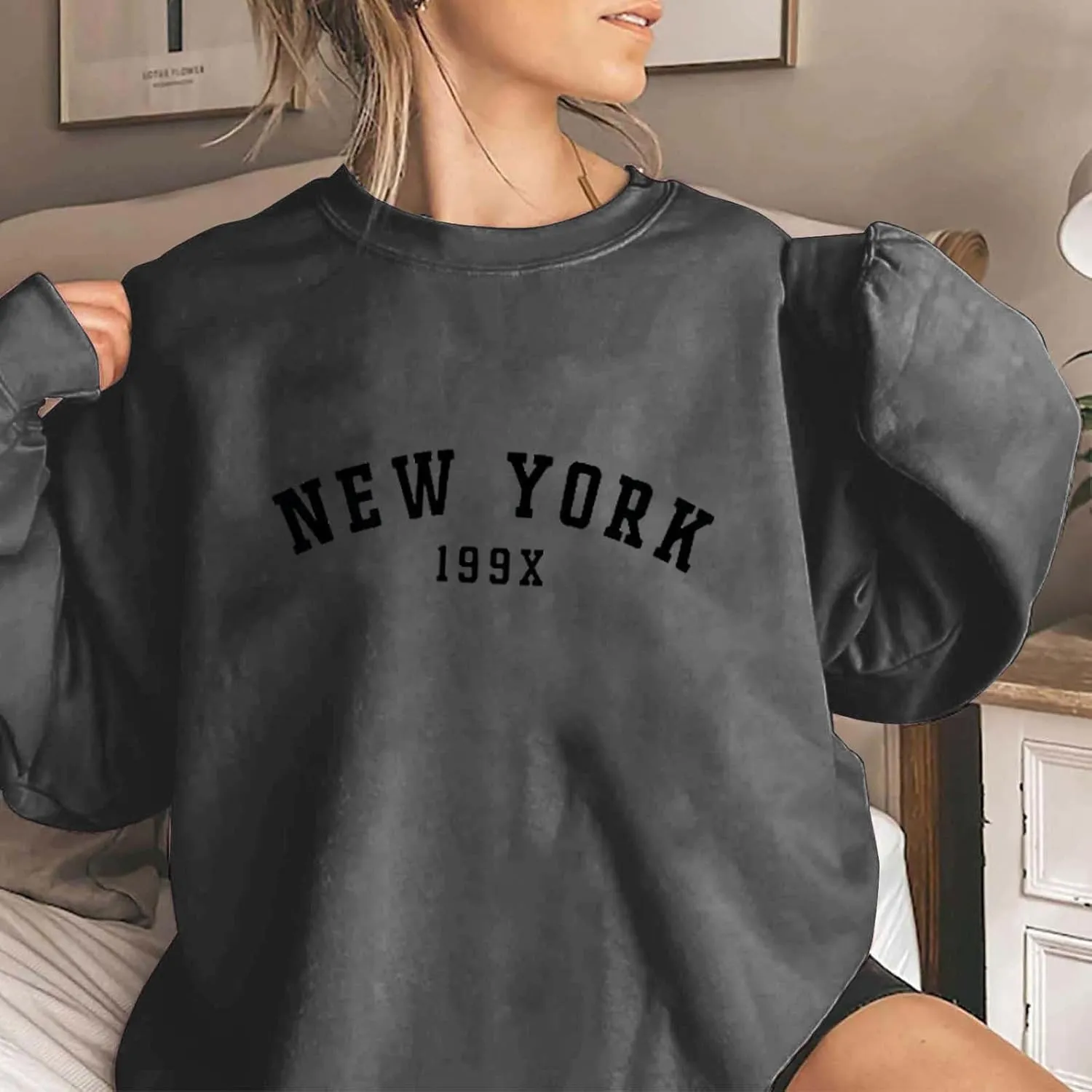 Oversized Sweatshirt for Women New York Letter Print Casual Pullover Long Sleeve Crewneck Slouchy Loose Athletic Tee