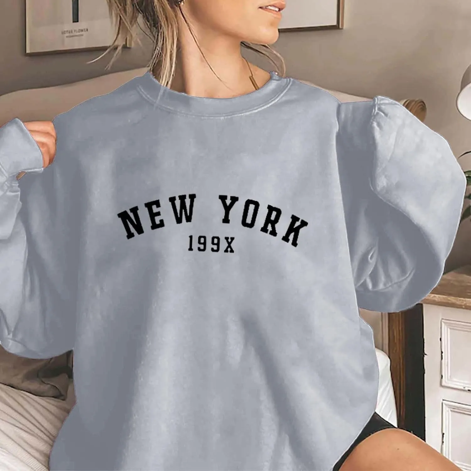 Oversized Sweatshirt for Women New York Letter Print Casual Pullover Long Sleeve Crewneck Slouchy Loose Athletic Tee