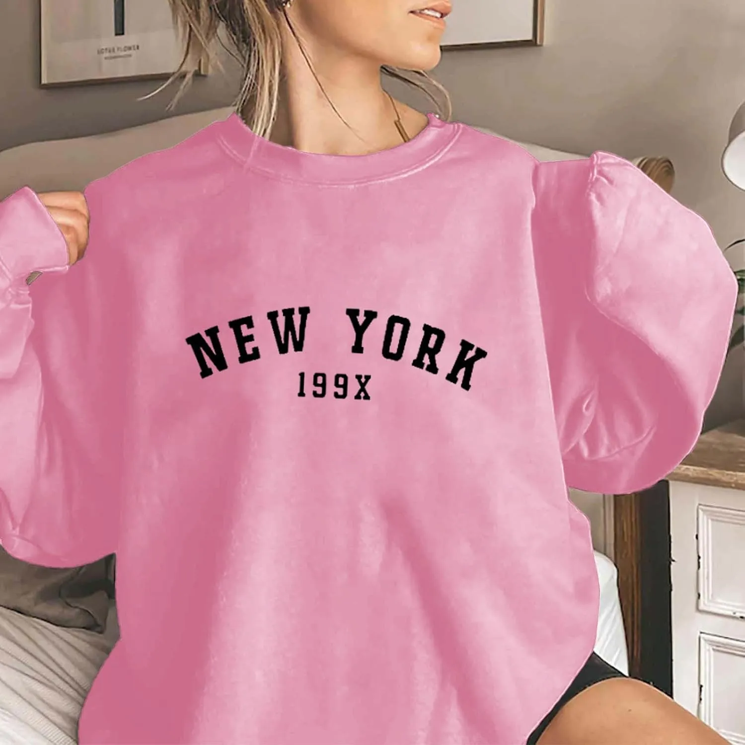 Oversized Sweatshirt for Women New York Letter Print Casual Pullover Long Sleeve Crewneck Slouchy Loose Athletic Tee