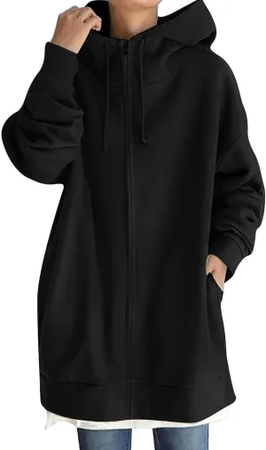 Oversized Zip Up Hoodies for Women Plus Size Long Fleece Jacket Casual Long Sleeve Cute Sweatshirts with Pockets