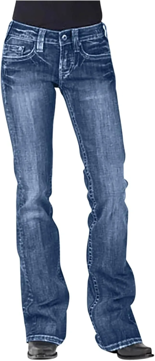 Overstock Items Clearance All Prime Women's Jeans 90s Vintage Bootcut Jeans High Stretch Mid Rise Straight Leg Trendy Jeans Boot Cut Pull On Denim Pants Light Blue