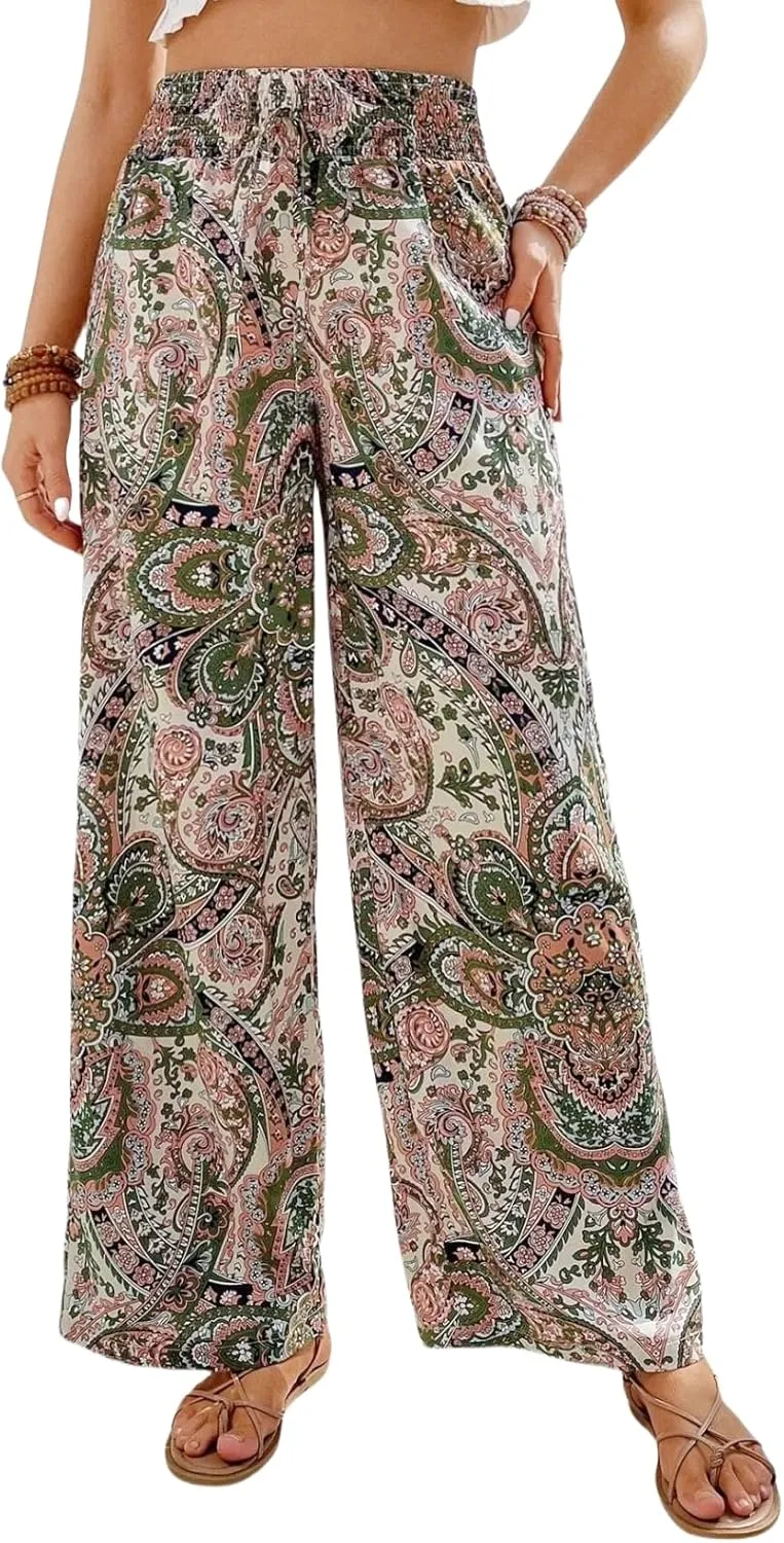 Paisley Flowy Flared Pants for Women Floral Print Pleated Elastic Waist Wide Leg Lounge Pants