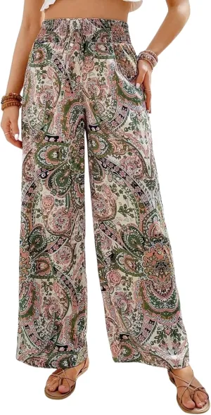 Paisley Flowy Flared Pants for Women Floral Print Pleated Elastic Waist Wide Leg Lounge Pants