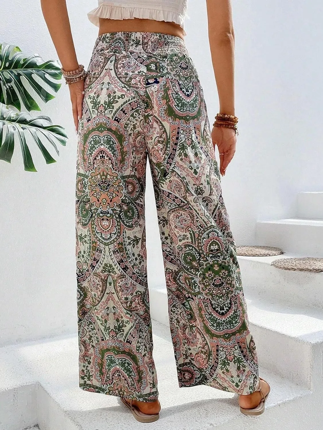 Paisley Flowy Flared Pants for Women Floral Print Pleated Elastic Waist Wide Leg Lounge Pants