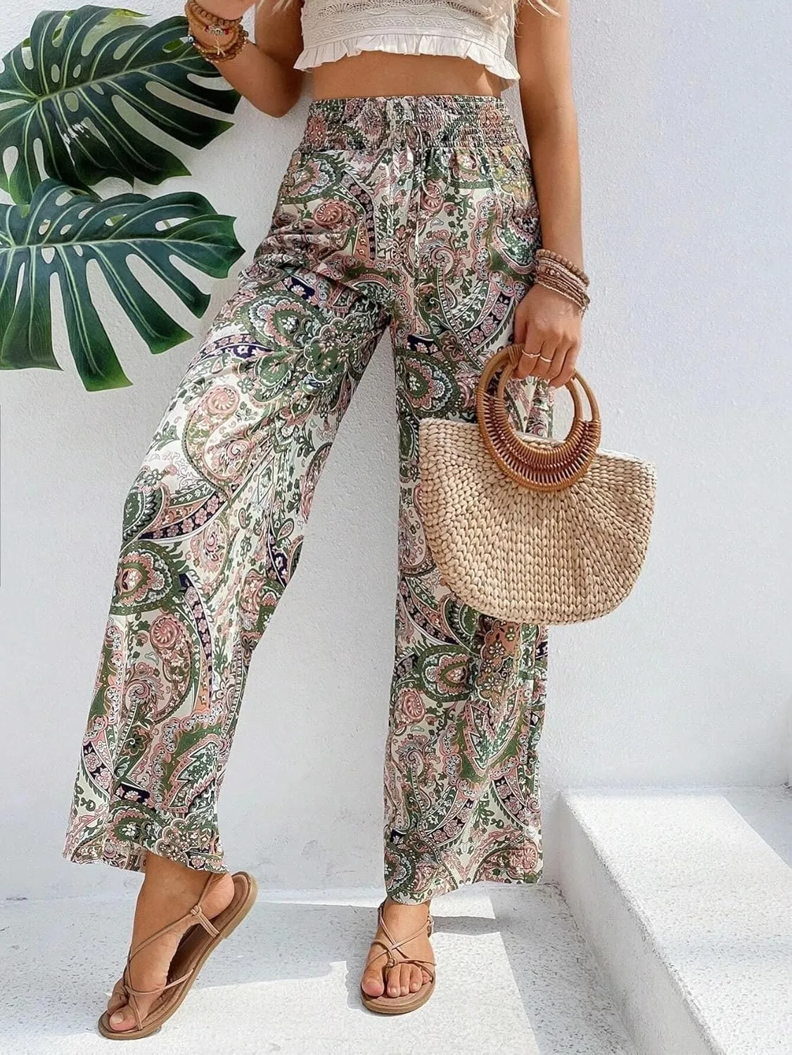 Paisley Flowy Flared Pants for Women Floral Print Pleated Elastic Waist Wide Leg Lounge Pants