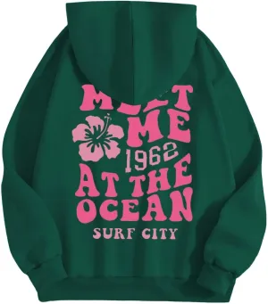 Pink Graphic Hoodie For Women 2024 Cute Preppy Hoodies Teen Girls Oversized Sweatshirt Y2k Drawstring Pullover With Pockets