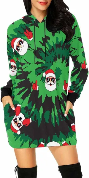 Plus Size Midi Dresses Tie Dye Blue Circle Womens Sweatshirt Dress Long Sleeve Hoodies Mini Dresses Fleece Casual Hoodie