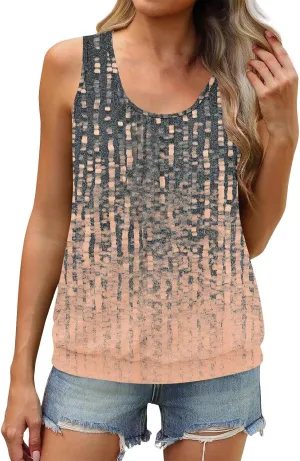 Plus Size Tank Tops for Women Summer Sleeveless Hawaiian Outfit Ruffle Vintage Print U Neck Workout Shirts