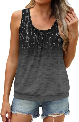 Plus Size Tank Tops for Women Summer Sleeveless Hawaiian Outfit Ruffle Vintage Print U Neck Workout Shirts