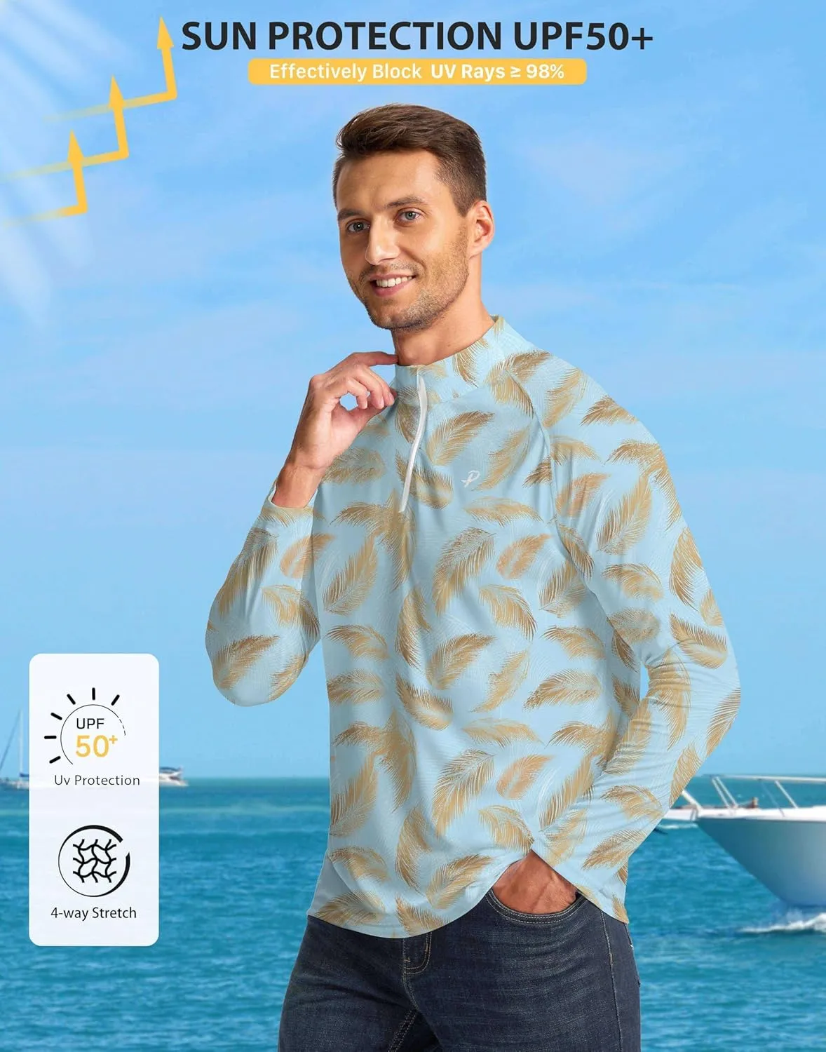 Pudolla Men's 1/4 Zip Sun Protection Shirts UV SPF UPF 50  Long Sleeve Rash Guard Fishing Running Hiking Athletic Tee Shirts