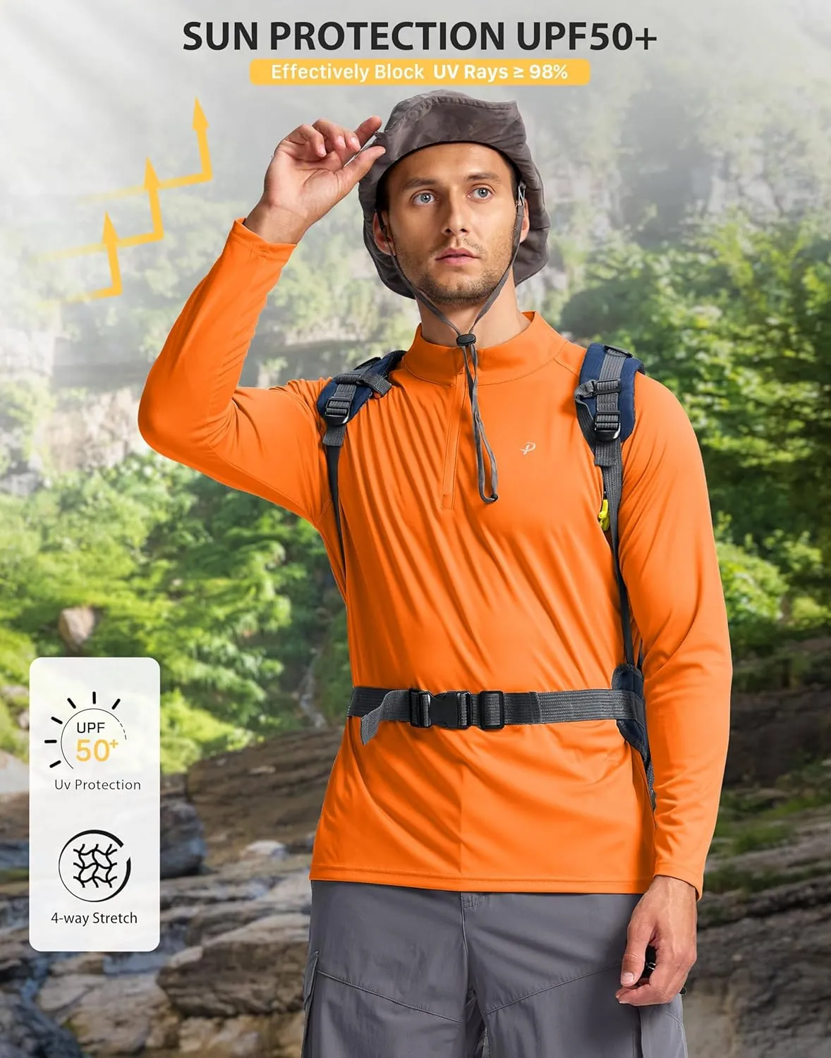 Pudolla Men's 1/4 Zip Sun Protection Shirts UV SPF UPF 50  Long Sleeve Rash Guard Fishing Running Hiking Athletic Tee Shirts