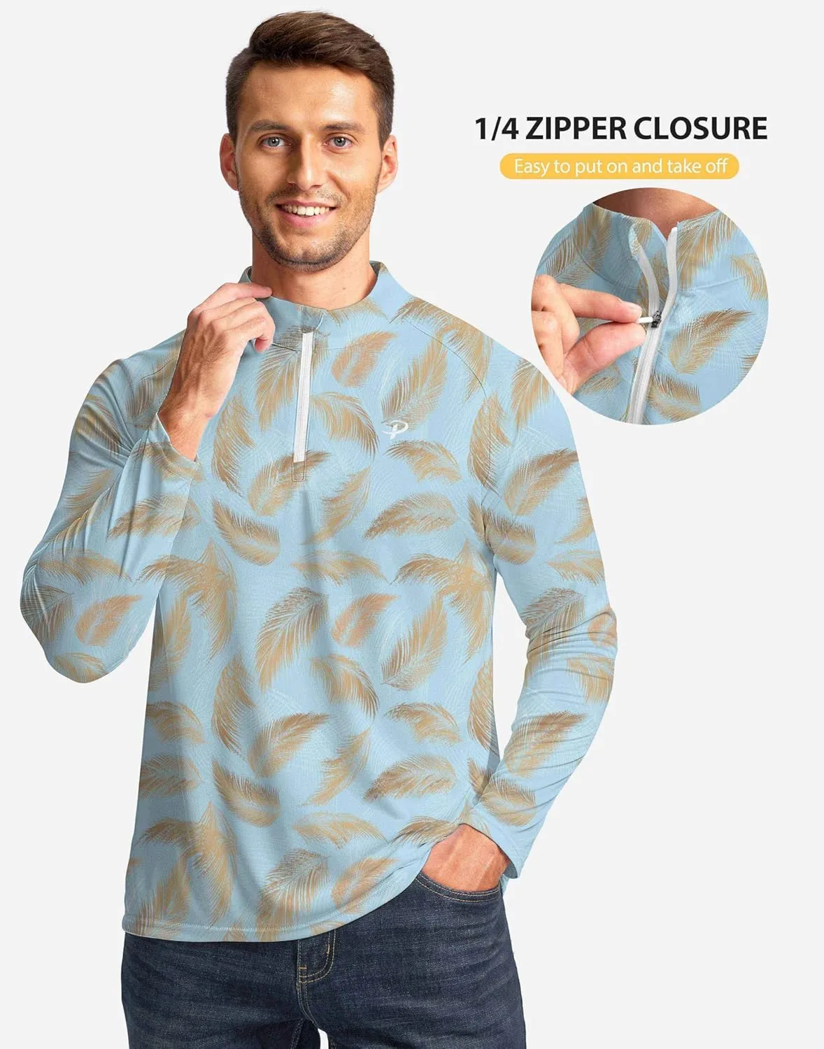 Pudolla Men's 1/4 Zip Sun Protection Shirts UV SPF UPF 50  Long Sleeve Rash Guard Fishing Running Hiking Athletic Tee Shirts