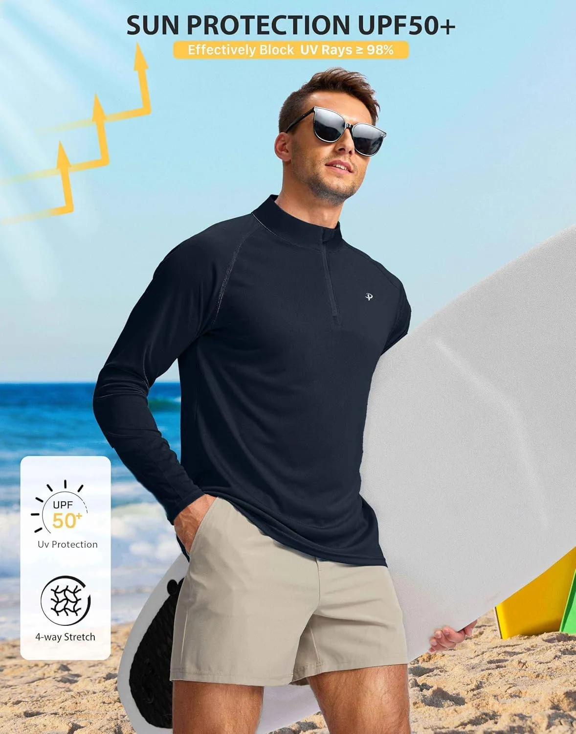 Pudolla Men's 1/4 Zip Sun Protection Shirts UV SPF UPF 50  Long Sleeve Rash Guard Fishing Running Hiking Athletic Tee Shirts
