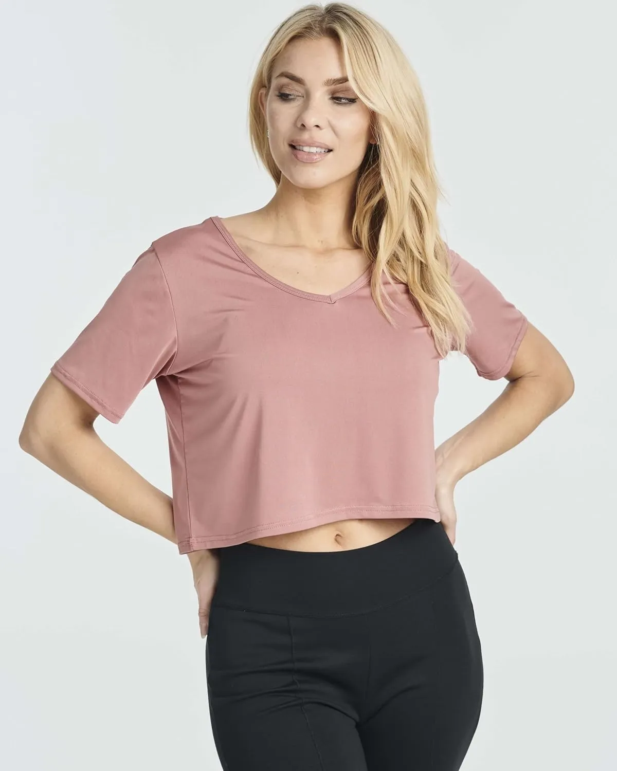 Real Essentials 5 Pack: Women's Dry-Fit Short Sleeve V-Neck Crop Top Boxy Athletic Tee