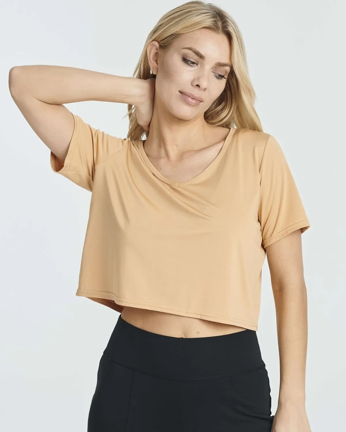 Real Essentials 5 Pack: Women's Dry-Fit Short Sleeve V-Neck Crop Top Boxy Athletic Tee