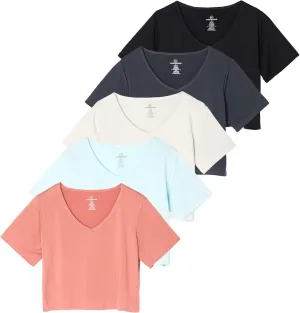 Real Essentials 5 Pack: Women's Dry-Fit Short Sleeve V-Neck Crop Top Boxy Athletic Tee